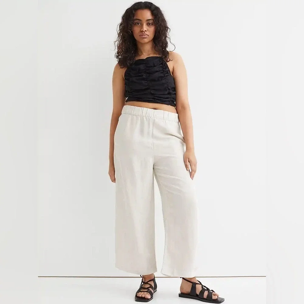 HM Linen Blend Wide Leg Pull On Pants Beige Oatmeal Large 11452767